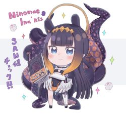 Rule 34 | 1girl, black dress, black footwear, black gloves, black hair, blue eyes, blush, book, brown hair, character name, chibi, closed mouth, commentary request, crossed arms, detached sleeves, dress, full body, gloves, gradient hair, grey background, hololive, hololive english, long hair, long sleeves, mole, mole under eye, multicolored hair, ninomae ina&#039;nis, ninomae ina&#039;nis (1st costume), ooarai school uniform, sandals, school uniform, single detached sleeve, single thighhigh, solo, sparkle, standing, tentacles, thighhighs, totatokeke, translation request, two-tone background, v-shaped eyebrows, very long hair, virtual youtuber, white background, white sleeves, white thighhighs, zouri