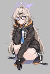 Rule 34 | 1girl, ahoge, black choker, black footwear, black gloves, black jacket, blue archive, blue necktie, blush, brown hair, choker, closed mouth, commentary request, full body, glasses, gloves, grey background, hair ornament, halo, hand up, head rest, headphones, headphones around neck, highres, hood, hooded jacket, jacket, kotama (blue archive), kuzuuo, long hair, long sleeves, looking at viewer, necktie, open clothes, open jacket, orange gloves, purple halo, semi-rimless eyewear, shirt, shoes, simple background, solo, squatting, two-tone gloves, white shirt, x hair ornament