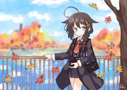 Rule 34 | 1girl, absurdres, ahoge, autumn leaves, bag, black hair, black jacket, black skirt, blue eyes, blush, bow, braid, braided ponytail, camera, closed mouth, commentary request, day, hair between eyes, hair bow, hair flaps, hair ornament, hair over shoulder, highres, holding, holding camera, ichi (ichi.colors), jacket, kantai collection, leaf, long hair, long sleeves, maple leaf, official alternate costume, outdoors, pleated skirt, railing, red bow, red neckwear, shigure (kancolle), shigure kai ni (kancolle), shoulder bag, single braid, skirt, smile, solo, tree, water