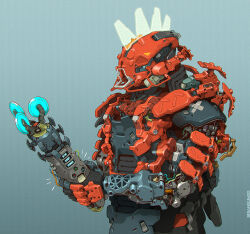 Rule 34 | 1other, ambiguous gender, artist name, blade, blue background, brian sum, dated, english text, hands up, holding own arm, humanoid robot, mohawk, notice lines, original, other focus, robot, simple background, solo, standing, upper body, watermark, wire