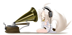Rule 34 | 1girl, ahoge, animal ears, bell, blush, blush stickers, closed eyes, collar, dog ears, dog tail, fine art parody, headphones, his master&#039;s voice, jingle bell, long hair, music, nananana nanana, neck bell, parody, phonograph, simple background, solo, strap slip, tail, white background, white hair