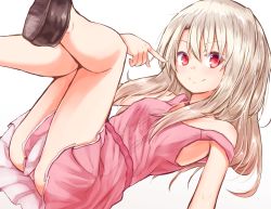 Rule 34 | 1girl, baram, blonde hair, commentary, dress, fate/kaleid liner prisma illya, fate (series), illyasviel von einzbern, legs up, long hair, looking at viewer, panties, pantyshot, pink dress, pink panties, pointing, pointing at self, red eyes, shoes, short dress, simple background, sleeveless, sleeveless dress, smile, solo, strap slip, thighs, underwear, white background