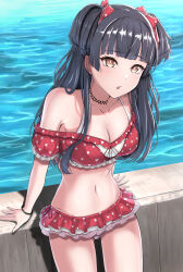 Rule 34 | 1girl, absurdres, bare shoulders, bikini, black hair, blunt bangs, bow, breasts, brown eyes, cleavage, collarbone, commentary, frilled bikini, frills, hair bow, highres, idolmaster, idolmaster shiny colors, long hair, looking at viewer, mayuzumi fuyuko, medium breasts, midriff, navel, open mouth, red bikini, red bow, solo, swimsuit, take978733141, two side up