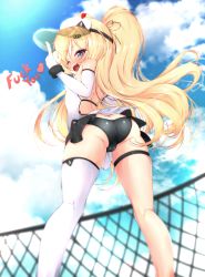 Rule 34 | 1girl, absurdres, ass, azur lane, bache (azur lane), bache (showy sports star) (azur lane), black panties, blonde hair, blue eyes, blue sky, butt crack, cleft of venus, day, ether core, from behind, highres, long hair, looking at viewer, looking back, middle finger, open mouth, outdoors, panties, shiny skin, single thighhigh, sky, solo, sportswear, standing, tennis, tennis court, tennis dress, tennis net, tennis uniform, thighhighs, thighs, underwear, visor cap, white thighhighs