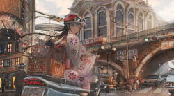 Rule 34 | 1girl, black cat, black hair, brick wall, bridge, building, bus, cat, city, commentary, crosswalk, falling petals, floating hair, floral print, helmet, highres, japanese clothes, kenzo 093, long hair, long sleeves, looking at viewer, motor vehicle, obi, on scooter, original, people, petals, rear-view mirror, road, sash, scenery, scooter, shouwa, sign, solo focus, traffic light, train, translation request, variant set, white cat, wide sleeves, window