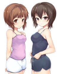 Rule 34 | 2girls, arm behind back, black shirt, black shorts, blush, camisole, casual, closed mouth, commentary, covered navel, cowboy shot, girls und panzer, hand on own chest, highres, kasai shin, light blush, light frown, looking at viewer, multiple girls, nishizumi maho, nishizumi miho, pink shirt, shirt, shirt tug, short hair, short shorts, shorts, siblings, simple background, sisters, standing, white background, white shorts