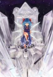 Rule 34 | 1girl, absurdres, blue dress, blue eyes, blue hair, bow, cirno, dress, hair bow, highres, ice, ice wings, mary janes, matching hair/eyes, mizore akihiro, shoes, sitting, smile, socks, solo, throne, touhou, wings