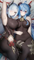 Rule 34 | 2girls, absurdres, ahoge, arm behind head, arm up, armpits, ass, asymmetrical docking, bare shoulders, bell, blue eyes, blue hair, bodysuit, breast press, breasts, brown leotard, cameltoe, covered navel, cowbell, detached collar, earrings, eyes visible through hair, ganyu (genshin impact), genshin impact, goat horns, hair ornament, hair over one eye, highres, hip vent, horns, jewelry, knee up, large breasts, leotard, long hair, looking at viewer, lying, multiple girls, nvl, on back, on side, parted lips, power connection, purple eyes, shenhe (genshin impact), sidelocks, smile, very long hair, white hair