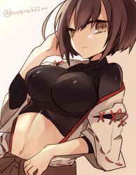 Rule 34 | 10s, 1girl, blouse, breasts, brown eyes, brown hair, crop top, highres, hyuuga (kancolle), japanese clothes, kantai collection, looking at viewer, midriff, navel, orqz, shirt, short hair, skin tight, skirt, solo, standing, taut clothes, taut shirt, undershirt