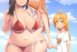 Rule 34 | 1boy, 2girls, :t, ahoge, bare arms, bare shoulders, bikini, black hair, blonde hair, blue sky, blush, bow, braid, breasts, cleavage, clothes writing, cloud, collarbone, commentary request, cookie (touhou), cowboy shot, day, fat, food, from side, genderswap, genderswap (ftm), groin, hair bow, hair tubes, hakurei reimu, halterneck, holding hands, hands up, head out of frame, height difference, highres, holding, holding food, ikayaki, kirisame marisa, large breasts, looking at another, multiple girls, no headwear, no headwear, open mouth, orange bikini, orange hair, outdoors, plump, polka dot, profile, purple bow, red bikini, rei (cookie), reu (cookie), sausage, shirt, short sleeves, side-tie bikini bottom, sidelocks, single braid, sky, standing, swimsuit, t-shirt, tarmo, thighs, touhou, translation request, upper body, white bow, white shirt, x x, yellow eyes