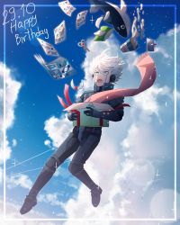 Rule 34 | 1boy, android, blue eyes, box, carton, cheer (cheerpuppy14), cloud, commentary, danganronpa (series), danganronpa v3: killing harmony, dated, english commentary, falling, food, happy birthday, highres, holding, k1-b0, key, looking up, magazine (object), male focus, open mouth, paper, pink scarf, red ribbon, ribbon, scarf, sky, solo, stuffed whale, tissue, white hair