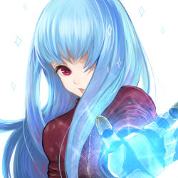 Rule 34 | 1girl, blue hair, bodysuit, gauntlets, gloves, glowing, kula diamond, long hair, looking at viewer, nameko. (hiyoyon), one eye covered, open mouth, outstretched hand, red eyes, simple background, solo, sparkle, the king of fighters, upper body, white background