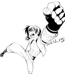 Rule 34 | 1boy, abs, belt, boots, clenched hand, clenched hands, cropped jacket, fingerless gloves, flame print, gloves, greyscale, headband, izen sora, kirishima shou, male focus, male hand, monochrome, muscular, open mouth, short hair, simple background, snk, solo, the king of fighters, yiran kong xian