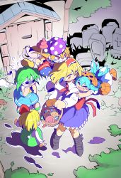 Rule 34 | 5girls, alice margatroid, alternate color, alternate headwear, american flag dress, american flag legwear, american flag shirt, ascot, bad id, bad twitter id, bandages, basket, blonde hair, blue eyes, blue hair, blush stickers, candy, capelet, chocolate, cirno, closed eyes, clownpiece, cosplay, daiyousei, dress, facepaint, fairy wings, flying, flying sweatdrops, food, full body, green hair, grin, hair ribbon, hairband, halloween, hat, ice, ice wings, jack-o&#039;-lantern, jester cap, lollipop, long sleeves, looking at another, mike wazowski, mike wazowski (cosplay), monsters inc., moyazou (kitaguni moyashi seizoujo), multiple girls, open mouth, orange eyes, outstretched arms, pantyhose, print legwear, red eyes, ribbon, rumia, sash, shirt, short sleeves, side ponytail, skirt, skirt set, smile, star (symbol), striped, sweatdrop, sweets, tombstone, touhou, wings