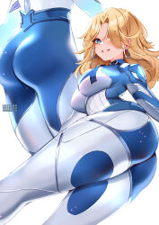 1girl ass blonde_hair blue_eyes bodysuit breasts earrings fantastic_four hair_over_one_eye highres hoop_earrings impossible_bodysuit impossible_clothes jewelry large_breasts long_hair looking_at_viewer marvel marvel_rivals multiple_views squchan sue_storm two-tone_bodysuit watermark web_address white_background