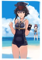 Rule 34 | 10s, 2girls, asymmetrical hair, ball, beach, beachball, black hair, blue one-piece swimsuit, breasts, brown eyes, character name, cloud, day, framed breasts, gloves, hair between eyes, headphones, highres, i-13 (kancolle), i-14 (kancolle), kantai collection, looking at viewer, mcan, multiple girls, one-piece swimsuit, open mouth, outdoors, partially fingerless gloves, sailor collar, school swimsuit, short hair, siblings, single glove, sisters, sky, solo focus, standing, swimsuit, thighs, water
