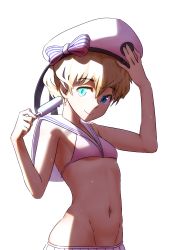 Rule 34 | 10s, 1girl, adjusting clothes, adjusting headwear, bikini, blonde hair, blue eyes, bow, drawfag, flat chest, food, groin, hat, hat bow, kantai collection, looking at viewer, navel, popsicle, sailor collar, short hair, smile, solo, standing, striped, striped bow, swimsuit, white hat, z1 leberecht maass (kancolle)