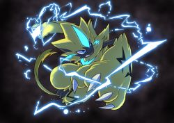 Rule 34 | blue eyes, claws, clenched teeth, commentary request, creatures (company), electricity, full body, furry, game freak, gen 7 pokemon, highres, ia (ilwmael9), legendary pokemon, mythical pokemon, nintendo, pokemon, pokemon (creature), solo, teeth, yellow fur, zeraora