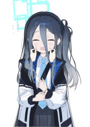 Rule 34 | 1girl, 3:, aqua halo, black hairband, blue necktie, blush stickers, coat, copyright request, cowboy shot, d:, disembodied hand, flying sweatdrops, grey hair, grey skirt, hair between eyes, hairband, halo, highres, long hair, long hair between eyes, long sleeves, necktie, one side up, open clothes, open coat, open mouth, pleated skirt, rectangular halo, shirt, skirt, solo, wasabi60, white shirt
