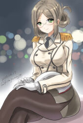 Rule 34 | 1girl, black necktie, black pantyhose, breasts, collared shirt, crossed legs, dated, epaulettes, folded ponytail, gloves, green eyes, grey hair, grey shirt, grey skirt, jacket, kantai collection, katori (kancolle), kitagawa mikio, large breasts, looking at viewer, military jacket, military uniform, necktie, one-hour drawing challenge, pantyhose, pencil skirt, shirt, sitting, skirt, smile, solo, twitter username, uniform, white gloves, white jacket