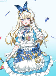 Rule 34 | 1girl, absurdres, alice (grimlight), anastry 00, apron, arm up, artist name, bandaged arm, bandages, bandaid, bandaid on hand, belt, blonde hair, blue background, blue belt, blue bow, blue bowtie, blue choker, blue dress, blue eyes, blue hairband, blush, bow, bowtie, breasts, butterfly hair ornament, butterfly wings, buttons, card, choker, clock, collared dress, dress, fang, fangs, frills, gradient background, grey bow, grey bowtie, grimlight, hair between eyes, hair ornament, hairband, hand up, heart, heart in eye, highres, holding, holding weapon, insect wings, long hair, looking at viewer, medium breasts, multicolored bow, multicolored bowtie, multicolored eyes, open mouth, pinafore dress, pink bow, pink bowtie, playing card, pointing, puffy short sleeves, puffy sleeves, purple eyes, short sleeves, sleeveless, sleeveless dress, smile, solo, standing, striped bow, striped bowtie, striped clothes, sword, symbol in eye, teeth, tongue, weapon, white apron, white background, white bow, wings