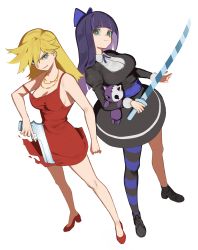 Rule 34 | 2girls, absurdres, bare arms, bare shoulders, black dress, black footwear, black hair, blonde hair, blue bow, bow, breasts, cleavage, closed mouth, collarbone, dress, flasso, green eyes, gun, hair bow, handgun, high heels, highres, holding, holding gun, holding sword, holding weapon, jewelry, large breasts, long hair, multiple girls, necklace, panty &amp; stocking with garterbelt, panty (psg), pink hair, pistol, red dress, red footwear, shoes, siblings, single leg pantyhose, sisters, smile, stocking (psg), stuffed animal, stuffed toy, sword, weapon