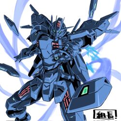 Rule 34 | bit (gundam), blue theme, commentary, exhaust, flying, green eyes, gundam, gundam aerial rebuild, gundam suisei no majo, highres, kumichou (ef65-1118-ef81-95), looking at viewer, mecha, mobile suit, partially colored, robot, solo, upper body, weapon, white background