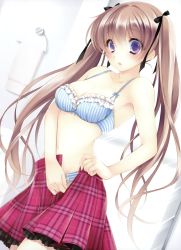 Rule 34 | 1girl, absurdres, ayase hazuki, bra, breasts, cleavage, copyright request, hair ribbon, highres, lingerie, long hair, medium breasts, navel, open clothes, open skirt, panties, plaid, plaid skirt, pleated skirt, purple eyes, ribbon, skirt, solo, striped bra, striped clothes, striped panties, twintails, underwear, undressing, vertical stripes, very long hair