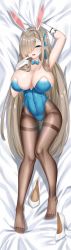 Rule 34 | 1girl, :p, absurdres, animal ears, aqua eyes, arm up, asuna (blue archive), asuna (bunny) (blue archive), bed sheet, black pantyhose, blue archive, blue bow, blue bowtie, blue leotard, bow, bowtie, breasts, cleavage, covered navel, dakimakura (medium), detached collar, eyelashes, fake animal ears, feet, finger to mouth, gloves, gluteal fold, groin, hair over one eye, hair ribbon, headband, high heels, highleg, highleg leotard, highres, huge breasts, knees together feet apart, leotard, light brown hair, long hair, looking at viewer, lying, mole, mole on breast, official alternate costume, on back, open mouth, outstretched arm, pantyhose, playboy bunny, pumps, ribbon, shoes, unworn shoes, smile, solo, strapless, strapless leotard, taut leotard, teeth, thigh gap, thighs, toes, tongue, tongue out, traditional bowtie, tufang, upper teeth only, very long hair, white gloves, white headband