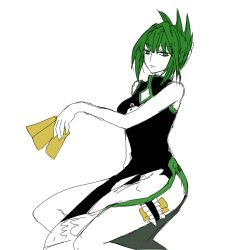 Rule 34 | 1girl, bad id, bad pixiv id, china dress, chinese clothes, cowboy shot, dress, female focus, green eyes, green hair, hair ornament, limited palette, monochrome, shaman king, short hair, simple background, sitting, solo, spot color, tao jun, white background