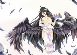 Rule 34 | 1girl, ahoge, albedo (overlord), black hair, breasts, cleavage, feathers, highres, horns, large breasts, long hair, overlord (maruyama), smile, solo, tray, white crow, wings