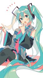 Rule 34 | 1girl, 4 (nakajima4423), absurdres, aqua eyes, aqua hair, aqua nails, collared shirt, commentary, detached sleeves, grey shirt, hand up, hatsune miku, headset, highres, holding, holding own hair, long hair, miniskirt, nail polish, necktie, notice lines, open mouth, shirt, sitting, skirt, sleeveless, sleeveless shirt, solo, tie clip, twintails, very long hair, vocaloid, wide sleeves