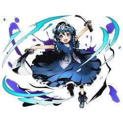 Rule 34 | 10s, 1girl, black bullet, black ribbon, blue dress, blue hair, divine gate, dress, dual wielding, full body, hiruko kohina, holding, holding sword, holding weapon, looking at viewer, official art, open mouth, red eyes, ribbon, short hair, solo, sword, transparent background, ucmm, weapon