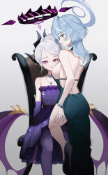 Rule 34 | 2girls, ako (blue archive), ako (dress) (blue archive), backless dress, backless outfit, black footwear, black horns, blue archive, blue dress, blue eyes, blue hair, blue halo, breasts, chair, dangle earrings, demon horns, demon wings, dress, earrings, flat chest, halo, high heels, highres, hina (blue archive), hina (dress) (blue archive), horns, jewelry, large breasts, long hair, looking at viewer, multiple girls, multiple horns, necklace, official alternate costume, official alternate hairstyle, oni22, open mouth, purple dress, purple wings, sideboob, simple background, sitting, strapless, strapless dress, thighs, white background, white hair, wings