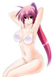 Rule 34 | 1girl, arms behind back, arms up, bikini, breasts, cleavage, collarbone, engo (aquawatery), groin, large breasts, long hair, lyrical nanoha, navel, pink hair, ponytail, signum, simple background, sitting, solo, stomach, swimsuit, white background, white bikini