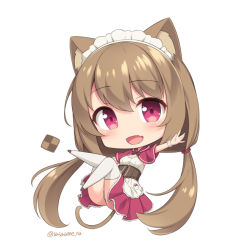 Rule 34 | 1girl, :d, animal ears, apron, blush, brown hair, capelet, cat ears, chibi, fang, full body, long hair, looking at viewer, low twintails, maid headdress, miniskirt, open mouth, original, pleated skirt, red capelet, red eyes, sasaame, shoes, simple background, skin fang, skirt, smile, solo, thighhighs, torte (sasaame), twintails, twitter username, underbust, very long hair, white apron, white background, white thighhighs, wristband