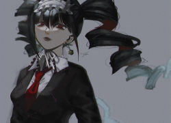 Rule 34 | 1girl, black hair, black jacket, bonnet, celestia ludenberg, commentary request, danganronpa: trigger happy havoc, danganronpa (series), drill hair, earrings, frills, gothic lolita, grey background, grey shirt, hairband, highres, jacket, jewelry, joh pierrot, lolita fashion, long hair, long sleeves, looking at viewer, necktie, red eyes, red necktie, ribbon, shirt, simple background, smile, solo, twin drills, twintails, upper body