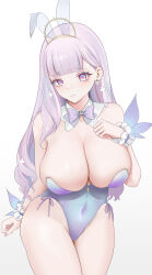Rule 34 | 1girl, absurdres, animal ears, azur lane, bow, bowtie, breasts, cleavage, closed mouth, collar, covered navel, cowboy shot, cross cutout, detached collar, eyelashes, fake animal ears, hand on own chest, highres, huge breasts, large breasts, leotard, long hair, playboy bunny, plymouth (azur lane), purple bow, purple bowtie, purple eyes, purple hair, purple leotard, rabbit ears, scrunchie, solo, strapless, strapless leotard, virtual youtuber, white collar, white scrunchie, wo meiyou mao, wrist scrunchie