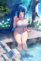 Rule 34 | 1girl, absurdres, arm support, blue hair, blush, collarbone, commentary, commission, english commentary, green eyes, highres, long hair, looking at viewer, murmoruno, naked towel, navel, nipples, onsen, original, parted lips, pink nails, ponytail, see-through, sitting, smile, steam, towel