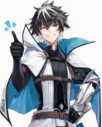 Rule 34 | 1boy, ;d, armor, bishounen, black gloves, black hair, blue cloak, blue eyes, charlemagne (fate), cloak, commentary request, fate/extella, fate/extella link, fate/extra, fate/grand order, fate (series), gloves, hand on own hip, happy, high collar, highres, looking at viewer, male focus, multicolored hair, one eye closed, open mouth, short hair, simple background, smile, solo, sword, teeth, thumbs up, two-tone hair, upper body, weapon, white background, white cloak, white hair, yuya (night lily)