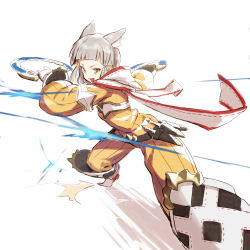 Rule 34 | 1girl, :d, animal ears, belt, black belt, blunt bangs, bodysuit, breasts, cat ears, dagger, eyebrows, eyelashes, facial mark, facing away, gloves, hair ribbon, highres, holding, holding weapon, knife, legs apart, long sleeves, looking at viewer, nia (xenoblade), nintendo, open mouth, perspective, ribbed bodysuit, ribbon, ribbon trim, sheath, sheathed, short hair, silver hair, simple background, small breasts, smile, solo, standing, tsurime, tugo, weapon, white background, white gloves, wide stance, xenoblade chronicles (series), xenoblade chronicles 2, yellow bodysuit, yellow eyes, yellow ribbon