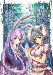 Rule 34 | 2girls, animal ears, bad id, bad pixiv id, bamboo, bamboo forest, black hair, blazer, rabbit ears, carrot, crescent, crescent moon, female focus, forest, full moon, inaba tewi, jacket, jewelry, light purple hair, lilithbloody, long hair, midriff, moon, multiple girls, nature, night, pendant, purple hair, red eyes, reisen udongein inaba, short hair, symmetrical hand pose, touhou