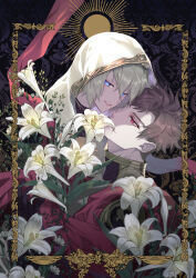 Rule 34 | 2boys, art nouveau, belial (granblue fantasy), blue eyes, branch, brown hair, commentary request, flower, granblue fantasy, guyabuyunikki, hair between eyes, highres, hood, hood up, lily (flower), looking at another, looking at viewer, lucilius (granblue fantasy), male focus, messy hair, military uniform, multiple boys, parted bangs, parted lips, picture frame, red eyes, red ribbon, ribbon, short hair, smile, turtleneck, uniform, upper body, white flower, white hair, yaoi