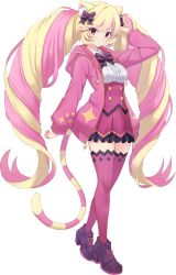 Rule 34 | 1girl, animal ears, blonde hair, blush, bow, breasts, cat ears, dress, hair ribbon, high heels, highres, jacket, legs, looking at viewer, mashima himeko (show by rock!!), multicolored hair, official art, open clothes, pink dress, pink hair, pink skirt, purple eyes, ribbon, shoes, show by rock!!, skirt, thighhighs, two-tone hair, zettai ryouiki