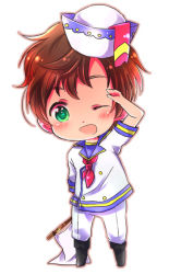 Rule 34 | 1boy, axis powers hetalia, bad id, bad pixiv id, brown hair, chibi, dixie cup hat, green eyes, hat, male focus, military hat, one eye closed, saemi, sailor, simple background, solo, spain (hetalia), white background, wink