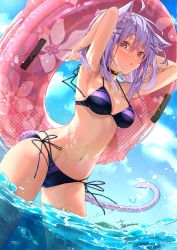 Rule 34 | 1girl, :o, ahoge, animal ear fluff, animal ears, armpits, arms up, bare arms, bare shoulders, bikini, blue sky, blush, breasts, cat ears, cat girl, cat tail, cleavage, collar, cowboy shot, day, gluteal fold, hair ornament, hairclip, highres, holding, holding swim ring, hololive, innertube, long hair, looking at viewer, medium breasts, navel, nekomata okayu, outdoors, parted lips, purple bikini, purple eyes, purple hair, purple ribbon, ribbon, saku2621, side-tie bikini bottom, signature, sky, solo, stomach, swim ring, swimsuit, tail, twitter username, virtual youtuber, wading, water
