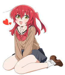 Rule 34 | 1girl, arms between legs, black skirt, blush, bocchi the rock!, bow, bowtie, brown footwear, commentary, full body, heart, kita ikuyo, komipe512, long hair, long sleeves, looking at viewer, one side up, open mouth, red bow, red bowtie, red hair, sailor collar, school uniform, shoes, shuka high school uniform, simple background, sitting, skirt, socks, solo, symbol-only commentary, white background, white socks