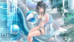Rule 34 | 1girl, ahoge, arknights, bare shoulders, bikini, black hair, blue jacket, blush, breasts, brown eyes, character name, cleavage, collarbone, feather hair, feet out of frame, frilled bikini, frills, goggles, goggles around neck, hair bun, idol, innertube, jacket, la pluma (arknights), la pluma (summer flowers) (arknights), long sleeves, looking at viewer, megaphone, navel, off shoulder, official alternate costume, open clothes, open jacket, parted lips, photoshop (medium), pool, pool ladder, short hair, single hair bun, single side bun, sitting, soaking feet, solo, swim ring, swimsuit, thigh strap, venn (vebonbon), water, whistle, whistle around neck, white bikini, wing hair ornament