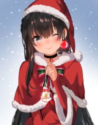 Rule 34 | 1girl, alternate costume, arm at side, bad id, bad twitter id, bauble, black hair, blurry, blush, bow, cape, capelet, chitanda eru, choker, christmas, christmas ornaments, christmas tree, commentary, depth of field, dress, english commentary, eyelashes, fur-trimmed cape, fur-trimmed sleeves, fur trim, hair between eyes, hair intakes, hand up, hat, head tilt, highres, holding, hyouka, long hair, long sleeves, looking at viewer, mery (yangmalgage), one eye closed, outdoors, purple eyes, red dress, santa costume, santa hat, smile, snow, snow globe, snowing, solo, standing, star (symbol), upper body, wide sleeves