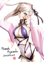 Rule 34 | 1girl, absurdres, asymmetrical hair, blue one-piece swimsuit, bow swimsuit, breasts, bun cover, character name, cleavage, criss-cross halter, dated, fate/grand order, fate (series), hair bun, halterneck, highres, large breasts, long hair, looking at viewer, miyamoto musashi (fate), miyamoto musashi (fate/grand order), miyamoto musashi (swimsuit berserker) (fate), miyamoto musashi (swimsuit berserker) (third ascension) (fate), multi-strapped swimsuit, multicolored clothes, multicolored swimsuit, one-piece swimsuit, pink eyes, pink hair, ribbon, side-tie swimsuit, simple background, single side bun, single sidelock, smile, solo, swept bangs, swimsuit, thighs, tsukaasa, two-tone swimsuit, white background, white one-piece swimsuit, wide sleeves